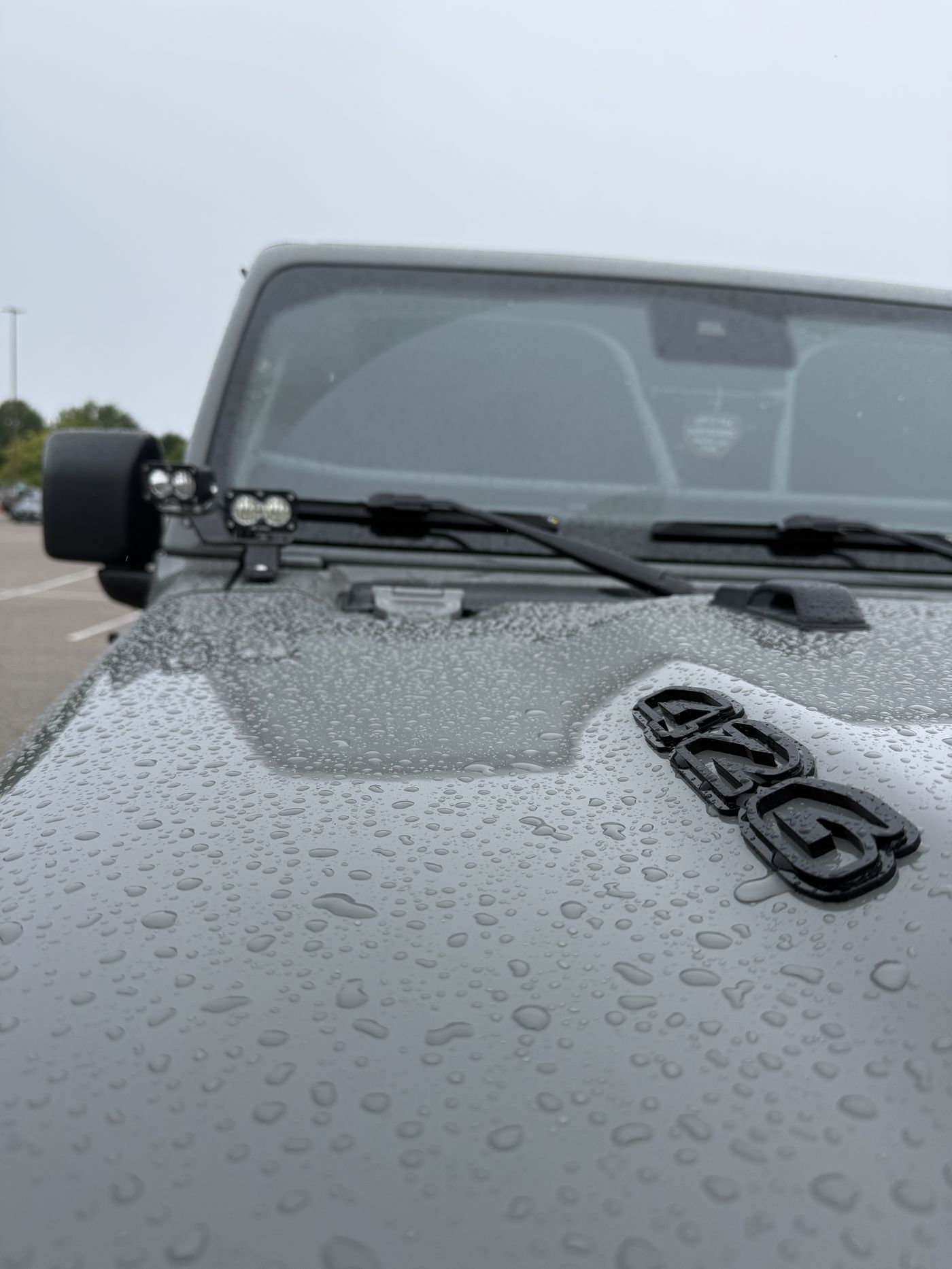 Close-up of the 426 hood badge on Sting Gray paint with raindrops