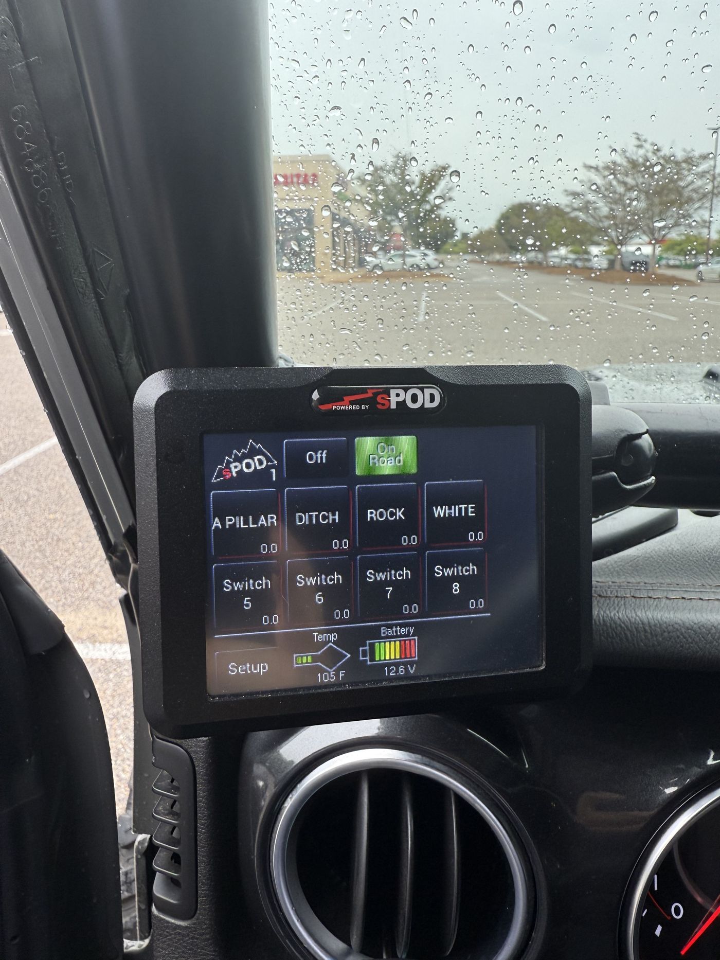 sPOD BantamX touchscreen controller showing A Pillar, Ditch, Rock, and White lighting switches